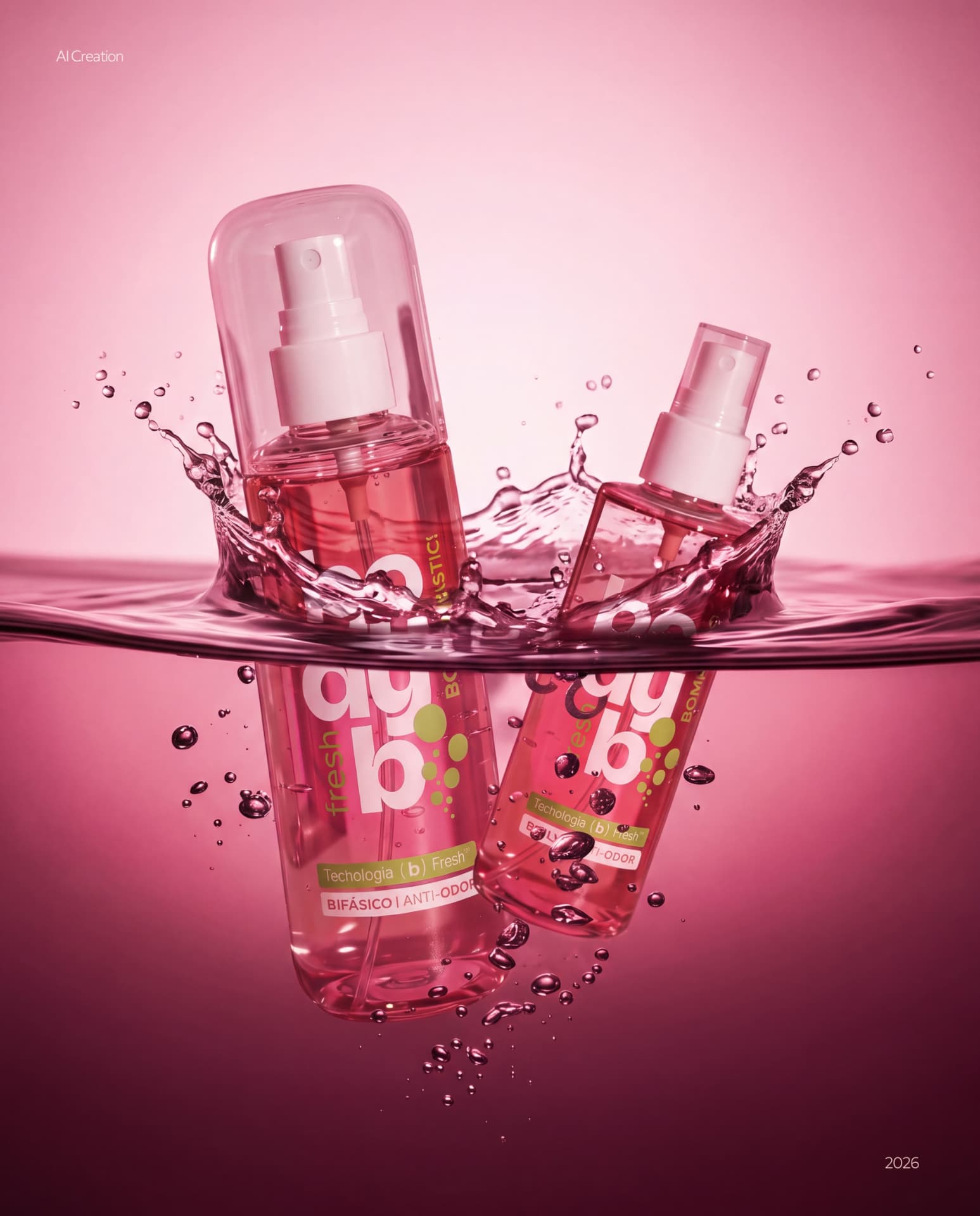 Dois frascos BodyB Splash Bifásico em água rosa
